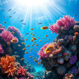 A vibrant underwater scene depicting a colorful coral reef teeming with marine life, perfect for an aquarium poster