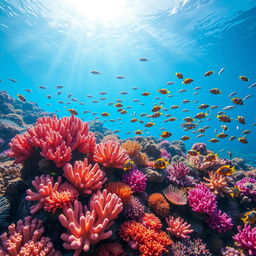 A vibrant underwater scene depicting a colorful coral reef teeming with marine life, perfect for an aquarium poster