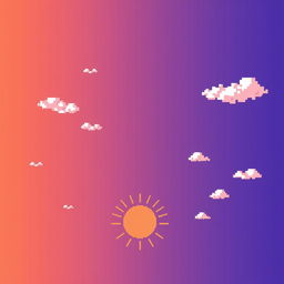 A vibrant sky in a pixel art style, featuring a gradient of colors transitioning from a warm orange at the horizon to a deep indigo at the zenith