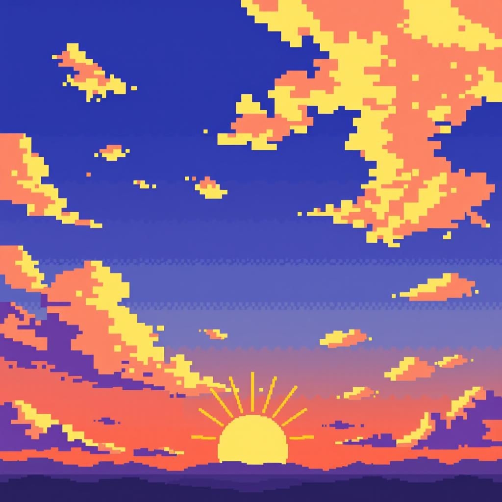 A vibrant sky in a pixel art style, featuring a gradient of colors transitioning from a warm orange at the horizon to a deep indigo at the zenith