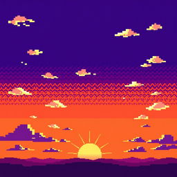A vibrant sky in a pixel art style, featuring a gradient of colors transitioning from a warm orange at the horizon to a deep indigo at the zenith