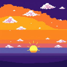 A vibrant sky in a pixel art style, featuring a gradient of colors transitioning from a warm orange at the horizon to a deep indigo at the zenith