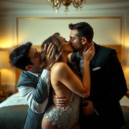 An intimate scene set in a luxurious hotel room, featuring a captivating woman at the center of the composition