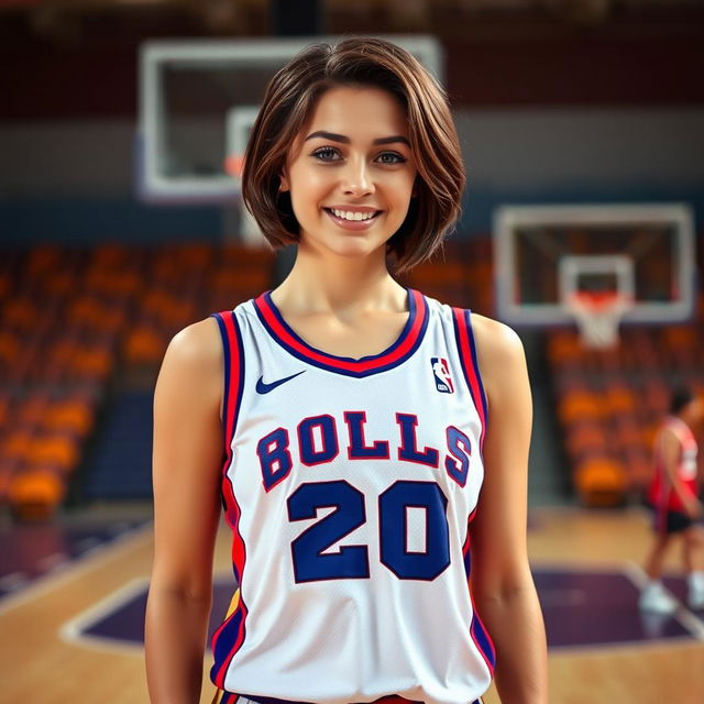 A young white woman in her twenties, wearing a basketball jersey featuring the number 20, styled with a sporty and casual vibe