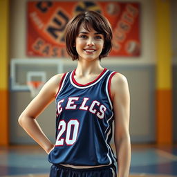 A young white woman in her twenties, wearing a basketball jersey featuring the number 20, styled with a sporty and casual vibe