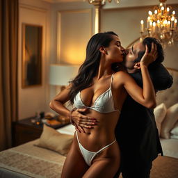 A dynamic and intimate scene taking place in a luxurious hotel room, featuring a striking woman at the center of the composition