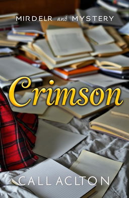 A book cover for a murder mystery titled 'Crimson', featuring the book name prominently displayed in elegant, gold, jewelry-like cursive letters with soft edges