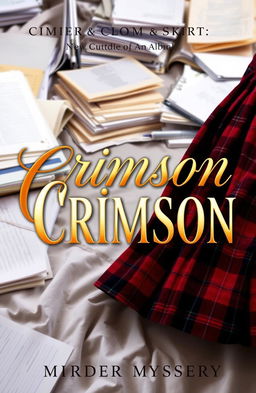 A book cover for a murder mystery titled 'Crimson', featuring the book name prominently displayed in elegant, gold, jewelry-like cursive letters with soft edges