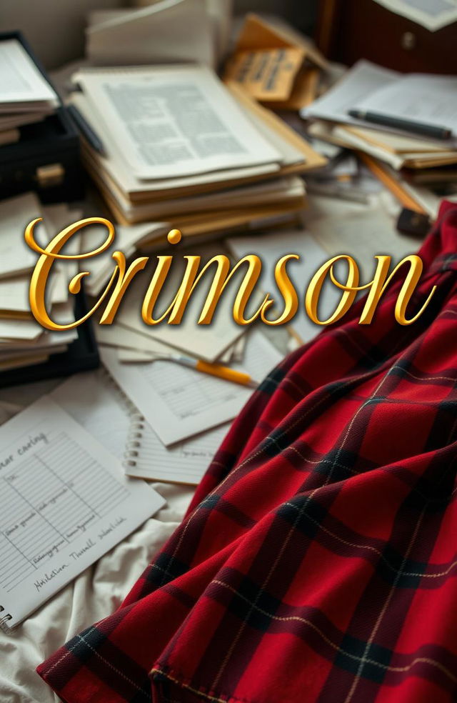 A book cover for a murder mystery titled 'Crimson', featuring the book name prominently displayed in elegant, gold, jewelry-like cursive letters with soft edges