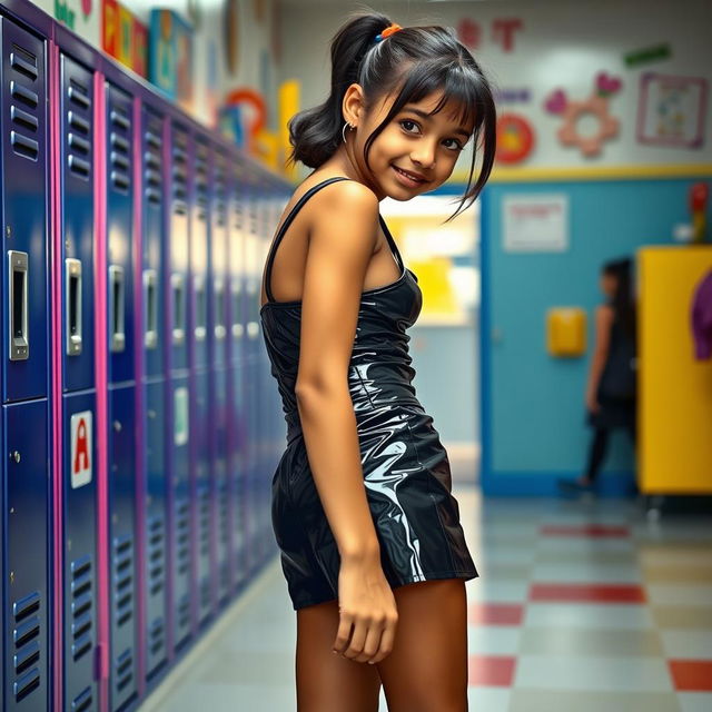 A fashionable Indian schoolgirl wearing a tight vinyl mini skirt and shiny stockings, bent slightly forward while facing the camera
