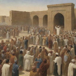 In the ancient city of Babylon, Prophet Ibrahim continues to preach, despite the crowd's anger. The citizens are shown covering their ears and departing the scene, creating a powerful tableau under the Babylonian structures.