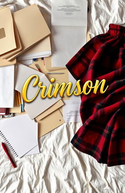 A book cover design for a murder mystery titled 'Crimson', featuring the title in gold, jewelry-like cursive letters with soft edges, prominently displayed against a backdrop of disorganized files and papers scattered across a bed