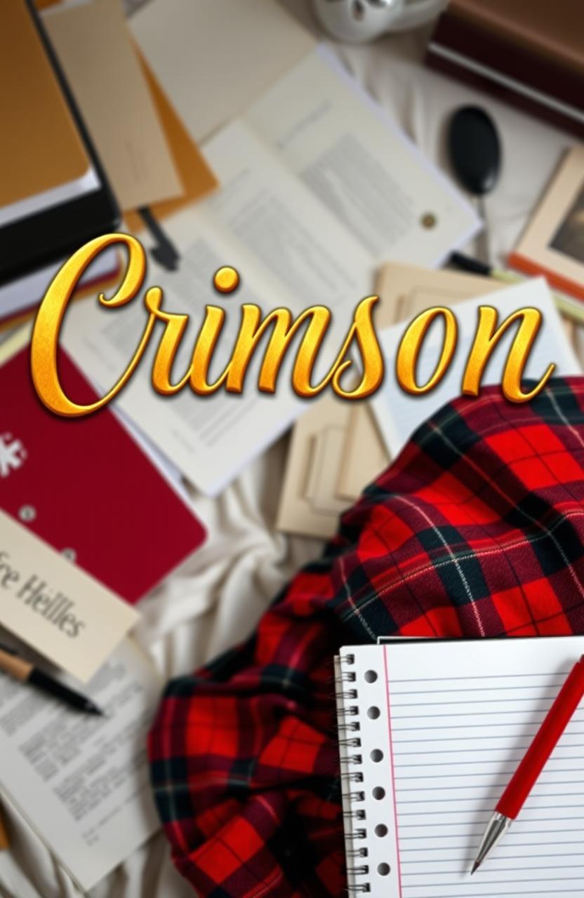 A book cover design for a murder mystery titled 'Crimson', featuring the title in gold, jewelry-like cursive letters with soft edges, prominently displayed against a backdrop of disorganized files and papers scattered across a bed