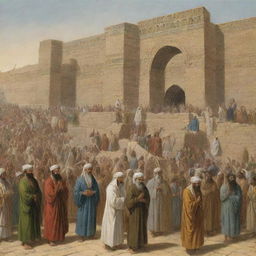 In the ancient city of Babylon, Prophet Ibrahim continues to preach, despite the crowd's anger. The citizens are shown covering their ears and departing the scene, creating a powerful tableau under the Babylonian structures.