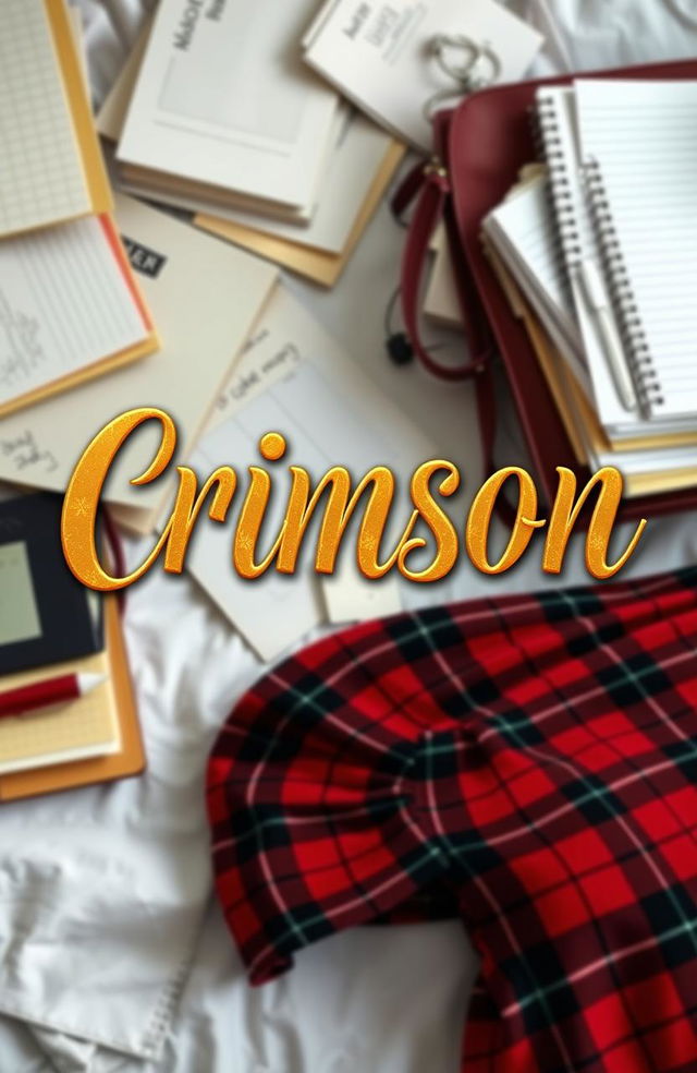 A book cover design for a murder mystery titled 'Crimson', featuring the title in gold, jewelry-like cursive letters with soft edges, prominently displayed against a backdrop of disorganized files and papers scattered across a bed