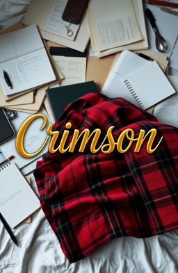 A book cover design for a murder mystery titled 'Crimson', featuring the title in gold, jewelry-like cursive letters with soft edges, prominently displayed against a backdrop of disorganized files and papers scattered across a bed