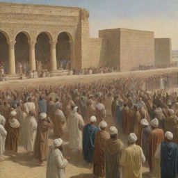 In the ancient city of Babylon, Prophet Ibrahim continues to preach, despite the crowd's anger. The citizens are shown covering their ears and departing the scene, creating a powerful tableau under the Babylonian structures.