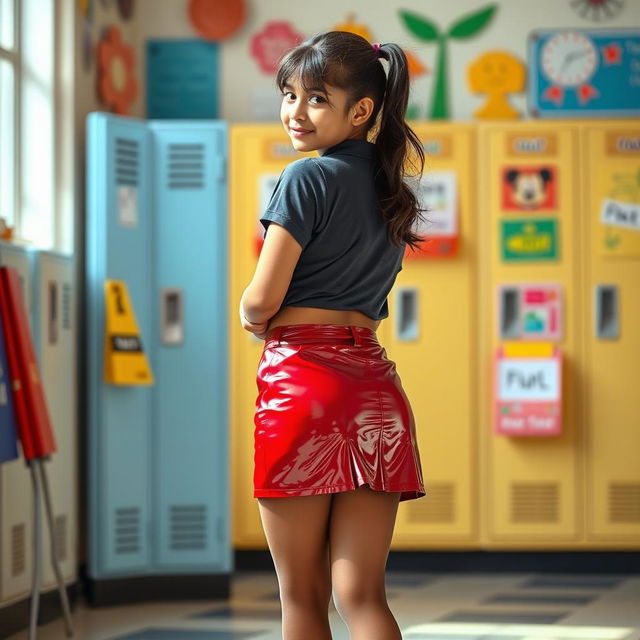 An Indian schoolgirl wearing a stylish tight vinyl mini skirt and shiny stockings, standing with her back towards the camera while looking over her shoulder