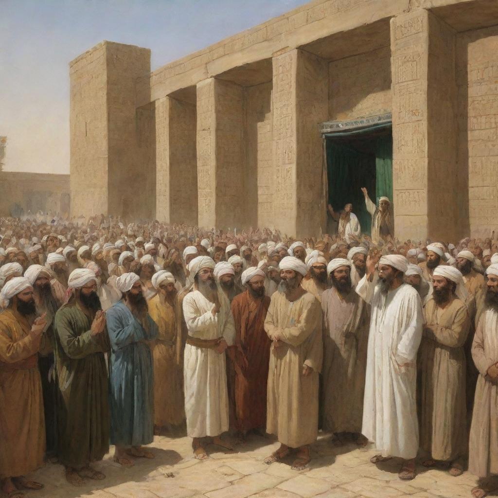 In the ancient city of Babylon, Prophet Ibrahim continues to preach, despite the crowd's anger. The citizens are shown covering their ears and departing the scene, creating a powerful tableau under the Babylonian structures.