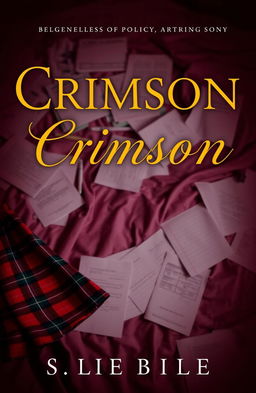 A book cover for a murder mystery titled 'Crimson', featuring the title in elegant gold cursive letters that resemble intricate jewelry