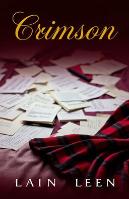 A book cover for a murder mystery titled 'Crimson', featuring the title in elegant gold cursive letters that resemble intricate jewelry