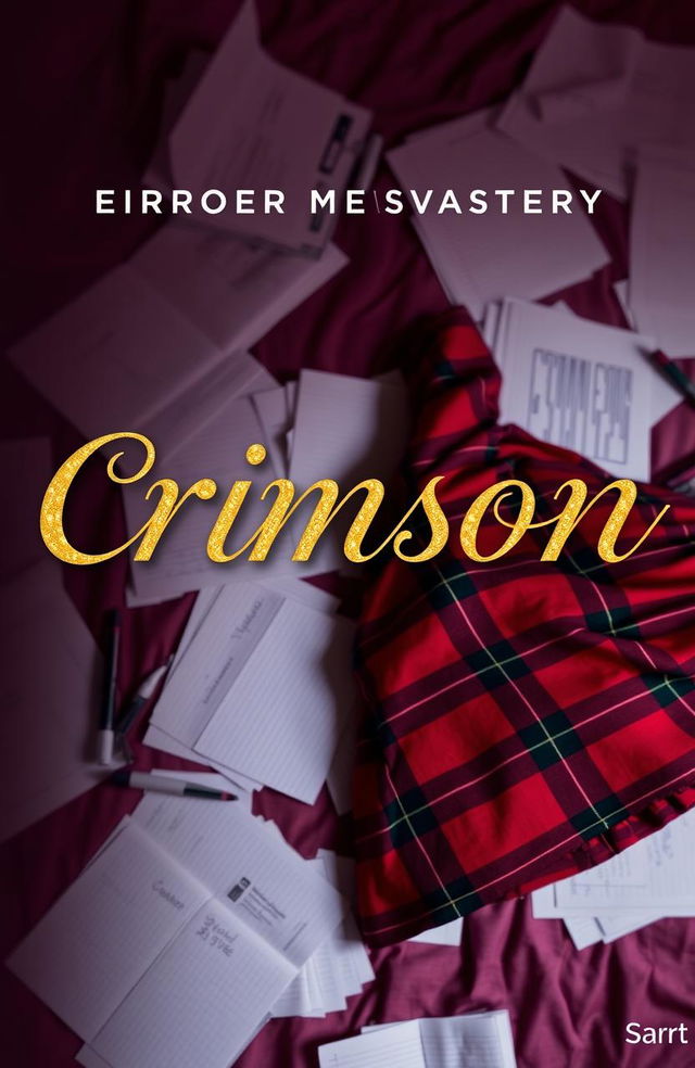 A book cover for a murder mystery titled 'Crimson', featuring the title in elegant gold cursive letters that resemble intricate jewelry