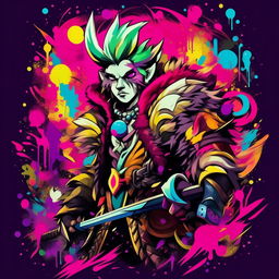 A stylized Murakami print of Zed from League of Legends, highlighting Zed's distinctive features and costume. Embellished with vibrant, superflat art elements typical for Murakami's style.