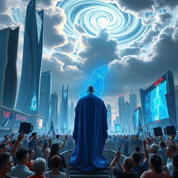 A dramatic futuristic scene set 80-90 years in the future, illustrating the controversial commemoration of the 'Greater State of Israel' anniversary