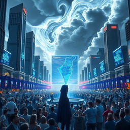 A dramatic futuristic scene set 80-90 years in the future, illustrating the controversial commemoration of the 'Greater State of Israel' anniversary