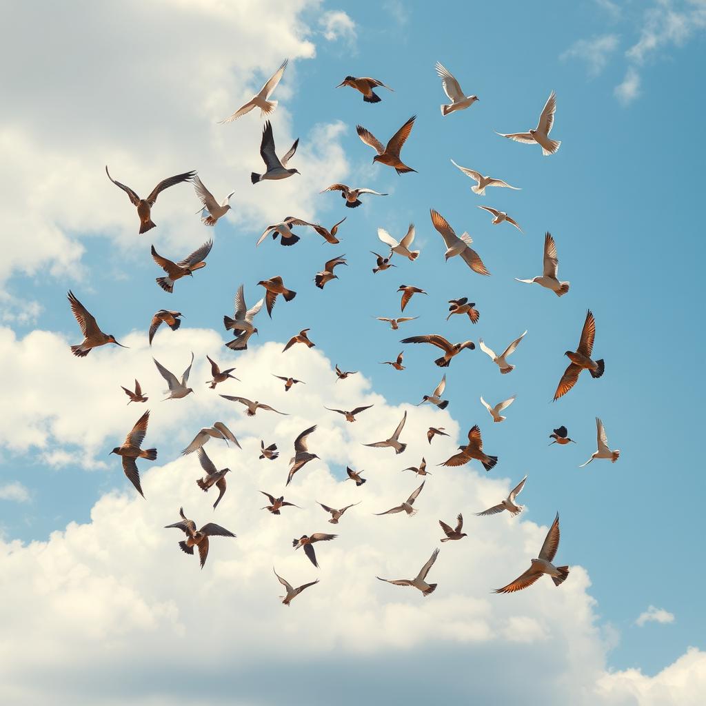 A captivating scene of a spiral formation of flying birds, showcasing various species such as swallows, eagles, and doves in mid-flight