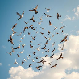 A captivating scene of a spiral formation of flying birds, showcasing various species such as swallows, eagles, and doves in mid-flight