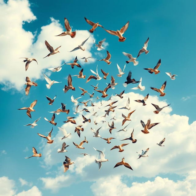 A captivating scene of a spiral formation of flying birds, showcasing various species such as swallows, eagles, and doves in mid-flight