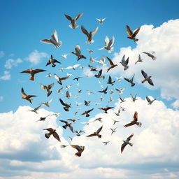 A captivating scene of a spiral formation of flying birds, showcasing various species such as swallows, eagles, and doves in mid-flight