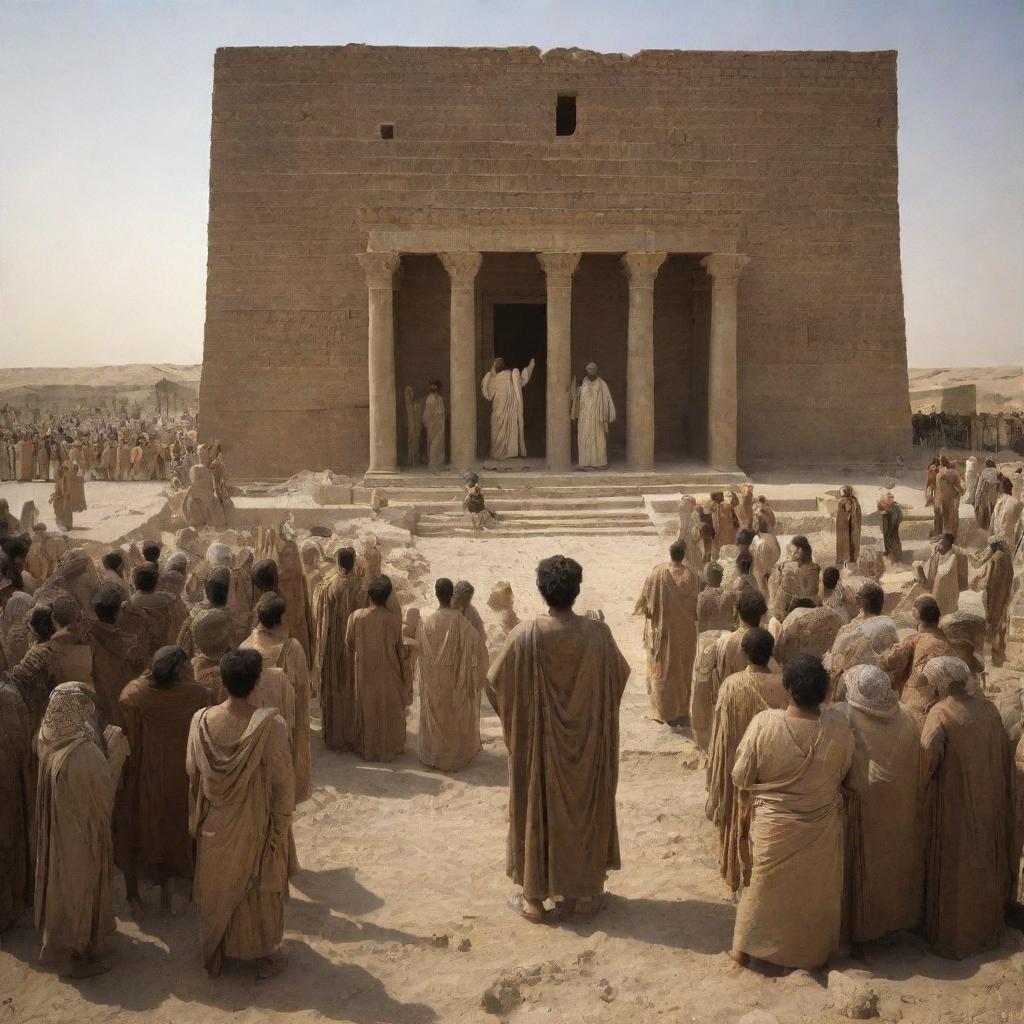 The aftermath of Prophet Ibrahim's sermon in ancient Babylon. Disregarding his words, the citizens return to their statue worship. A poignant scene showcasing spiritual resilience amidst the grandeur of Babylonian architecture.