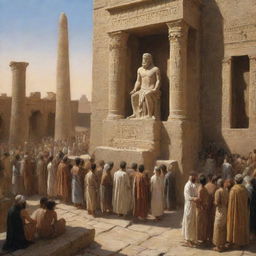 The aftermath of Prophet Ibrahim's sermon in ancient Babylon. Disregarding his words, the citizens return to their statue worship. A poignant scene showcasing spiritual resilience amidst the grandeur of Babylonian architecture.