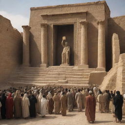 The aftermath of Prophet Ibrahim's sermon in ancient Babylon. Disregarding his words, the citizens return to their statue worship. A poignant scene showcasing spiritual resilience amidst the grandeur of Babylonian architecture.