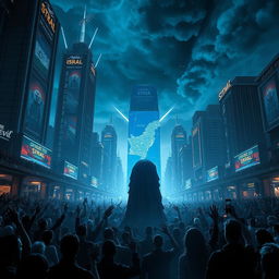 A haunting and dramatic scene portrayed in a futuristic city set 80-90 years ahead, depicting the controversial celebration of the 'Greater State of Israel'