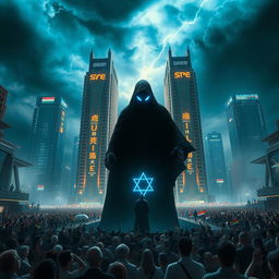 A haunting and dramatic scene portrayed in a futuristic city set 80-90 years ahead, depicting the controversial celebration of the 'Greater State of Israel'