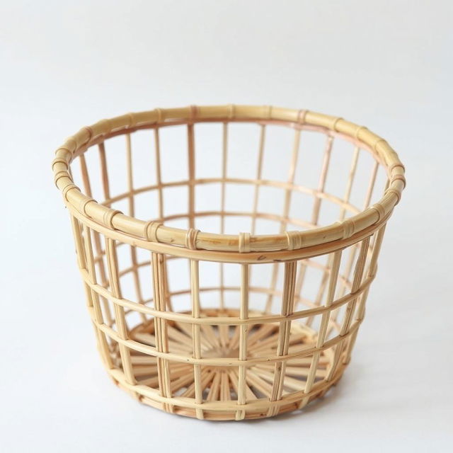 A simple bamboo woven basket, with a clean and minimalistic design, featuring no handles