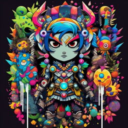 A stylized Murakami print of Zed from League of Legends, highlighting Zed's distinctive features and costume. Embellished with vibrant, superflat art elements typical for Murakami's style.