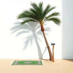 A minimalist scene set against a crisp white background featuring a large palm tree positioned in the corner