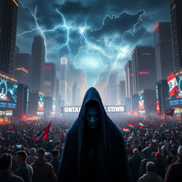 A powerful and dramatic scene set in a futuristic city 80-90 years from now, capturing the complex anniversary celebration of the 'Greater State of Israel'