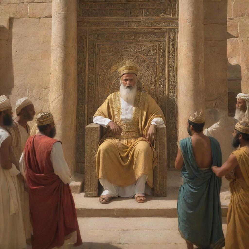 Prophet Ibrahim, radiant with determination, turns his attention to preach to King Nimrod in the ancient city of Babylon. The king, surrounded by opulence, listens intently, adding a powerful dynamic to the scene.