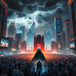 A powerful and dramatic scene set in a futuristic city 80-90 years from now, capturing the complex anniversary celebration of the 'Greater State of Israel'