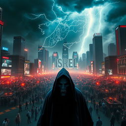 A powerful and dramatic scene set in a futuristic city 80-90 years from now, capturing the complex anniversary celebration of the 'Greater State of Israel'