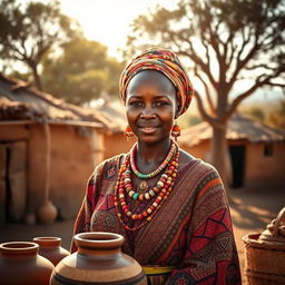 An African woman dressed in traditional historical attire, showcasing vibrant colors and intricate patterns, standing in a picturesque village setting with mud huts and an acacia tree in the background