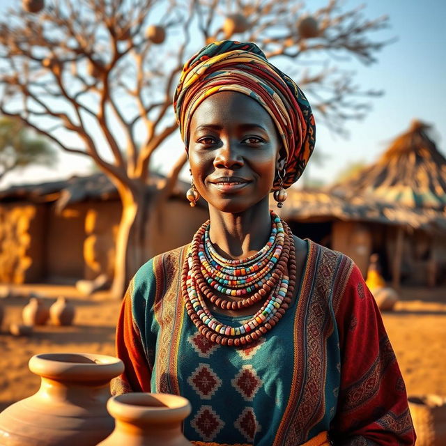 An African woman dressed in traditional historical attire, showcasing vibrant colors and intricate patterns, standing in a picturesque village setting with mud huts and an acacia tree in the background