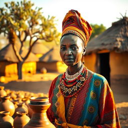 An African woman dressed in traditional historical attire, showcasing vibrant colors and intricate patterns, standing in a picturesque village setting with mud huts and an acacia tree in the background