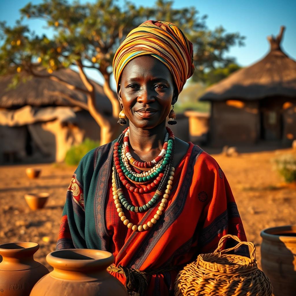 An African woman dressed in traditional historical attire, showcasing vibrant colors and intricate patterns, standing in a picturesque village setting with mud huts and an acacia tree in the background