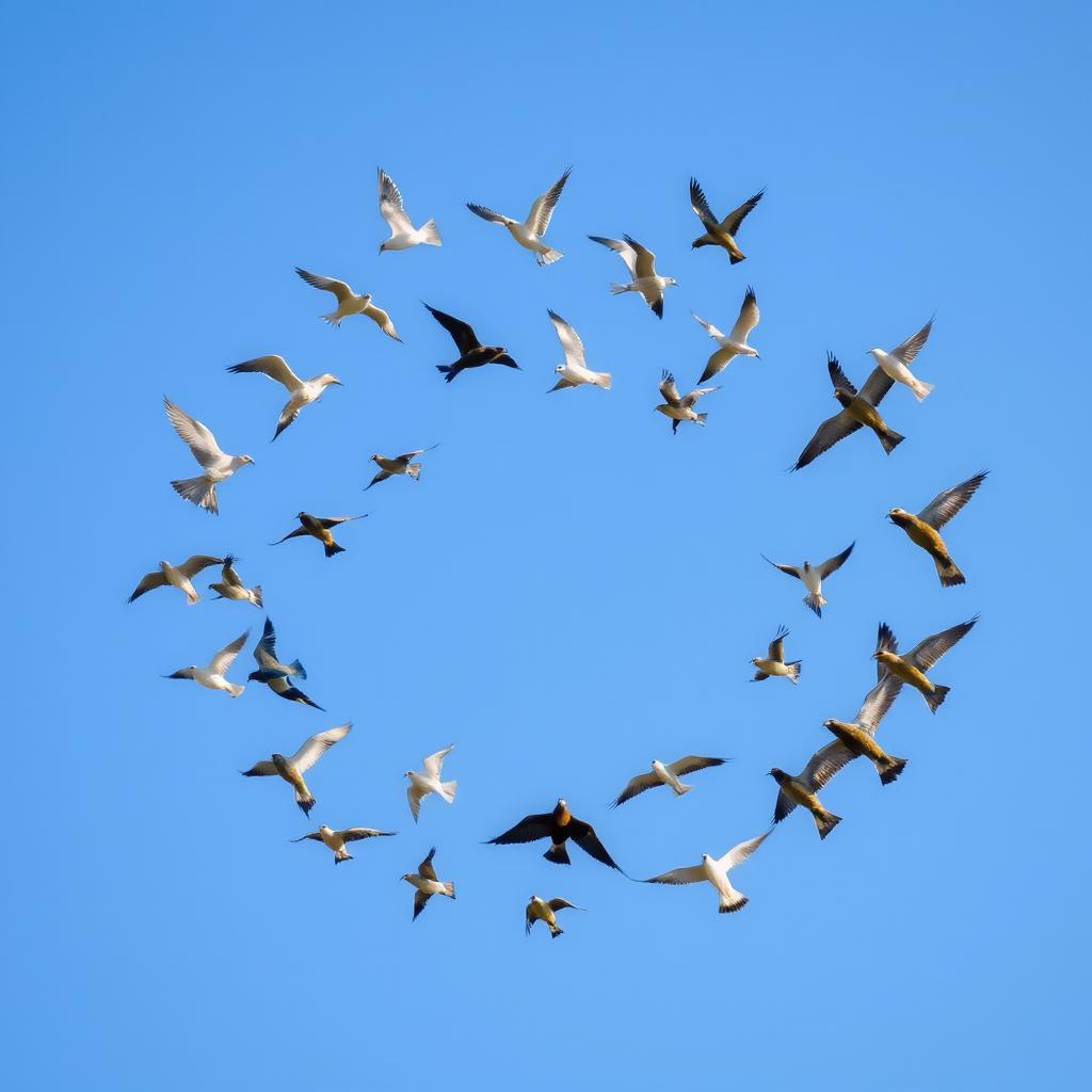 A stunning scene of a spiral formation of flying birds soaring across a clear blue sky